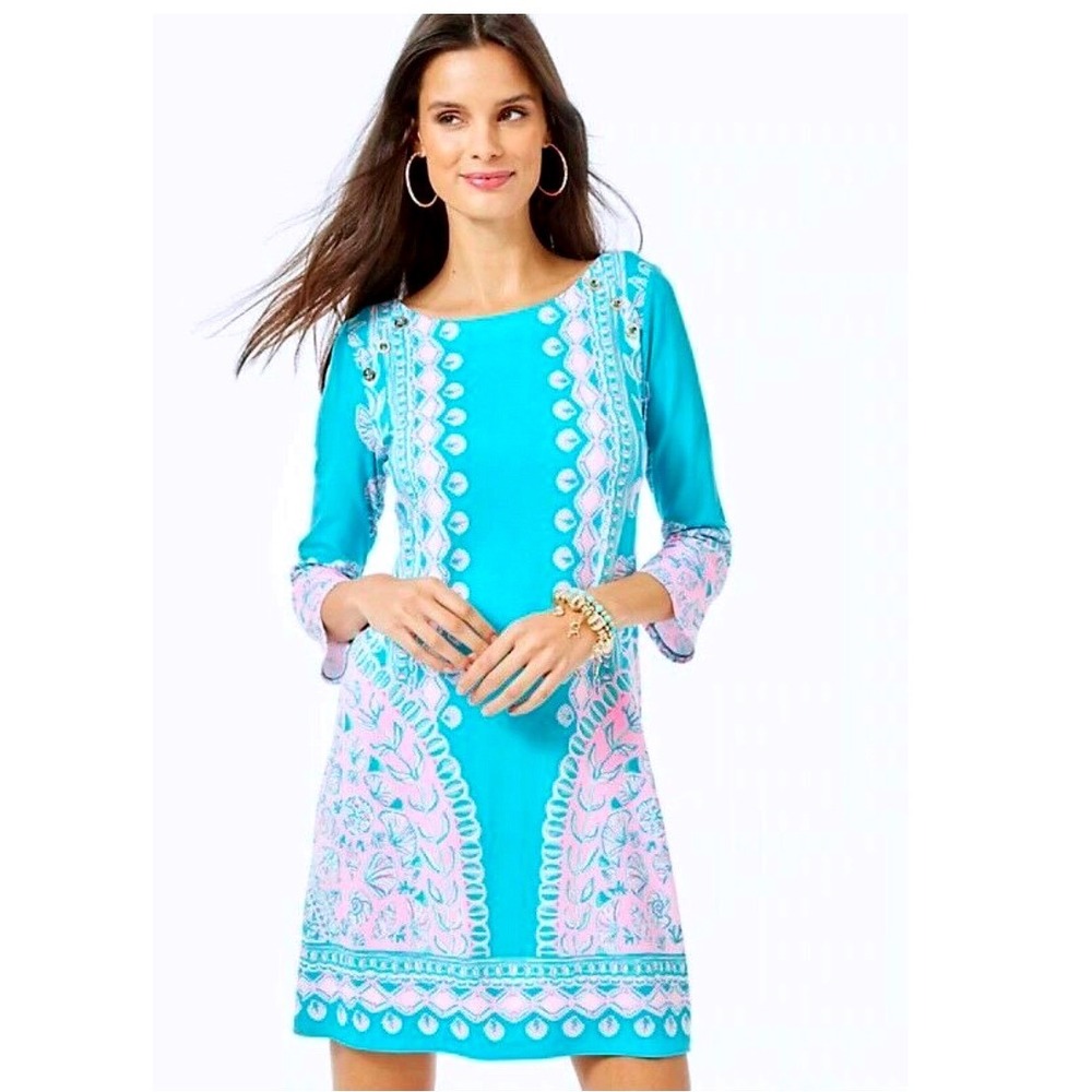 NEW Lilly Pulitzer UPF 50 TANA T SHIRT DRESS Turquoise Teal Water Ya Waiting  L